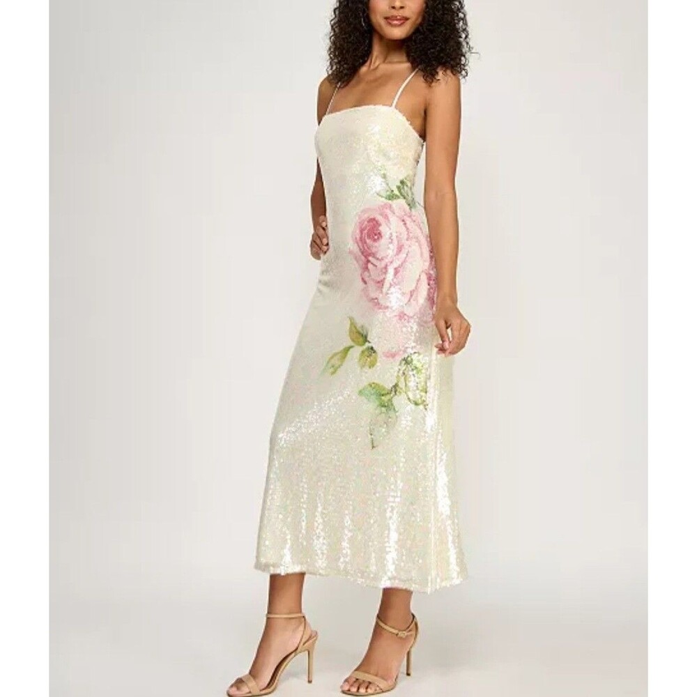 ​NWT Seni Cade Rose Printed Sequin Midi Dress Lg Cream Pink Prom Hoco Homecoming